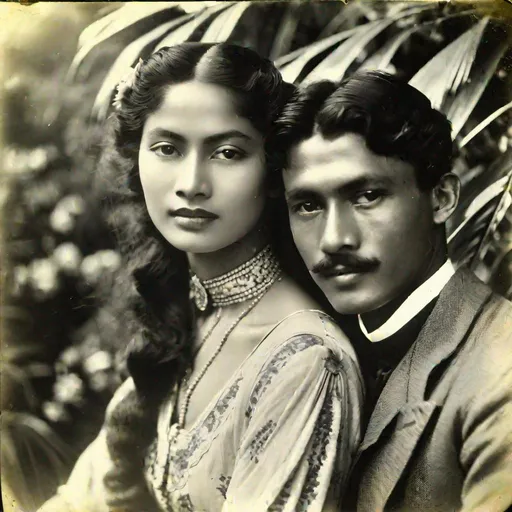 Prompt: (faded black and white photograph), portrait, half body, tropical garden, tropical flowers, 2 people (English man, 30 year old, Victorian clothes, oval face, deep-set blue eyes, short wavy blonde hair with side parting, long nose, mustache, white skin), (beautiful Indonesian woman, 22 year old, Victorian clothes, round face, high cheekbones, almond-shaped brown eyes, epithanic fold, long wavy black hair, small delicate nose, slightly flattened nose bridge, wide nasal base, light tan skin), REALISM, HYPERREALISM, RAW, PHOTO, INTRICATE DETAIL, OCTANE RENDER, 4K, 8K, 16K, 32K, 64K, SHOT 128K COLOR, PORE SKIN, HDR, UHD, intricate details, highly detailed, by greg rutkowski