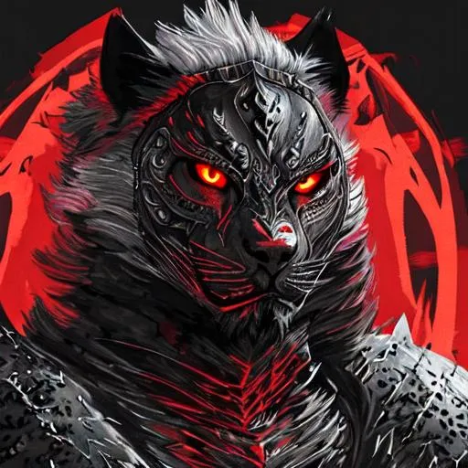 Prompt: a human male warrior in black metal armor with half wolf half panther face and [glowing red] and ((black)) furr, highly detailed, thick, evil, wasteland, full body, 2 legs, red eyes