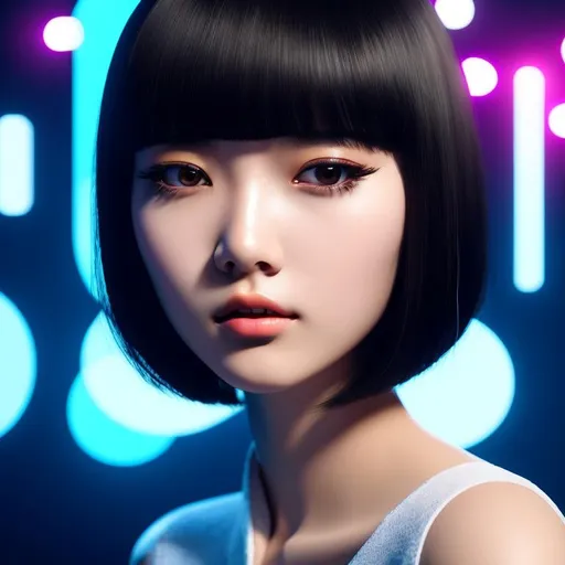 Prompt: a lonely AI girl, very tall, thick thighs, wide hips, long legs, slender waist, big beautiful symmetrical eyes, intriguingly beautiful face, aloof expression, bob haircut with bangs, 90's Computer Graphics render style, 12K resolution, hyper quality, hyper-detailed, depth of field