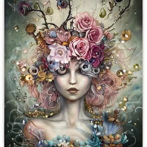 Prompt: realistic painted still life beautiful flowers by ambrosius bosschaet!!!!!, floating in the sky, iridescent water drops, crystal chandelier drops, glitter sparkles, symmetrical face, daniel merriam art, steampunk, muted colors, fairy wings, nicoletta ceccoli, daniel merriam art, jennifer healey art, fantasy art, renaissance gown, hyper realistic flower bouquet painting,  soft shadows, stunning, dreamy, elegant, perfect face, sparkles, Beautiful goddess, Haute Couture, princess dress, joseph karl steiler art, architecture illustrations 1800s, garden of roses and peonies background, ultra detailed, soft lighting, infinite depth, incredibly detailed, ultra realistic, high index of refraction, hyper realistic elegant smooth sharp clear edges, sharp focus, wide angle perspective, ultra realistic, sense of high spirits, volumetric lighting, occlusion, Unreal Engine 5 128K UHD Octane, fractal, pi, fBm