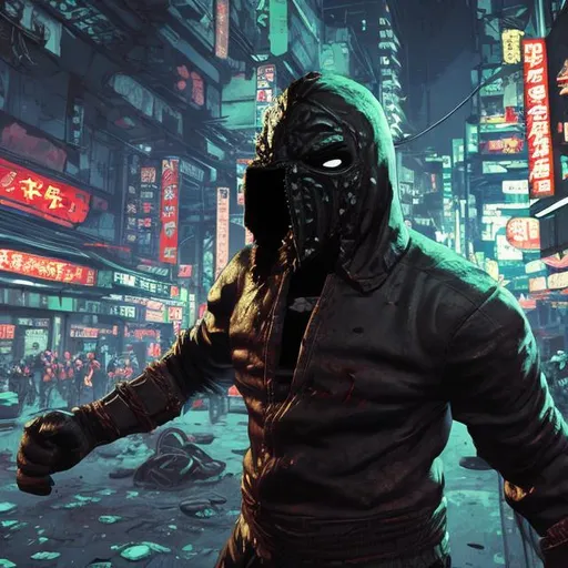 Prompt: Punch stance. muscular face-masked villain called BlisterFist (when he punches people, they blister and explode). Blood spatters. Very Dark image with lots of shadows. Background partially destroyed neo Tokyo. Noir anime. Gritty. Dirty. Black with neon forest green accents. armour. Kenji mask. Bionic enhancements. Power up punch stance