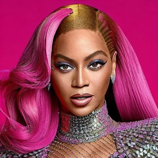 Prompt: Beyoncé with a Barbie Balmain pink look