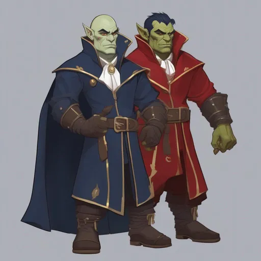 Prompt: Half-orc ,wearing Mage's Habit, primarily navy blue in color with gold trim white collar and red wrists, masterpiece, best quality, in cartoon style
