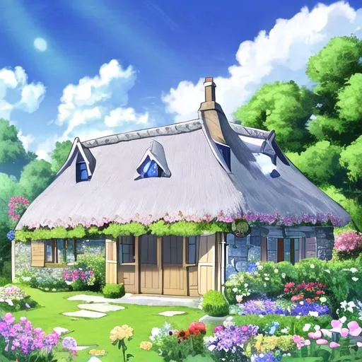 Prompt: cottage, flowers, sunshine and fluffy clouds outside, garden, thatch roof, stone