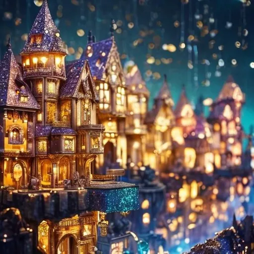 Prompt: Close caption of a fantasy world of a city of lights with the houses made from gold, diamonds, crystals and other Sparkly materials. Make it more transparent and blue like.