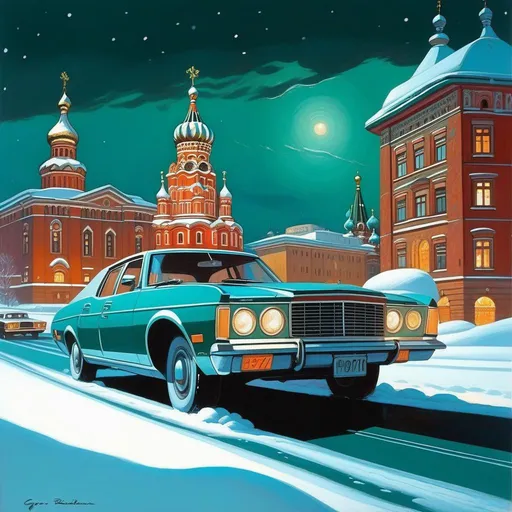 Prompt: 1970s, Moscow at night, car chase, snow, cold teal atmosphere, cartoony style, extremely detailed painting by Greg Rutkowski and by Henry Justice Ford and by Steve Henderson