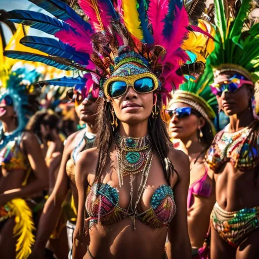 Prompt: brazilian carnival scene with indigenous woman wearing sunglasses in the foreground