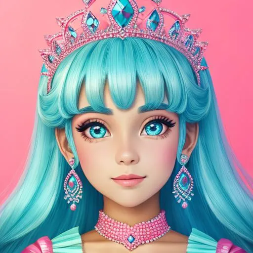 Prompt: princess wearing tiara, pink and turquoise color scheme, facial closeup
