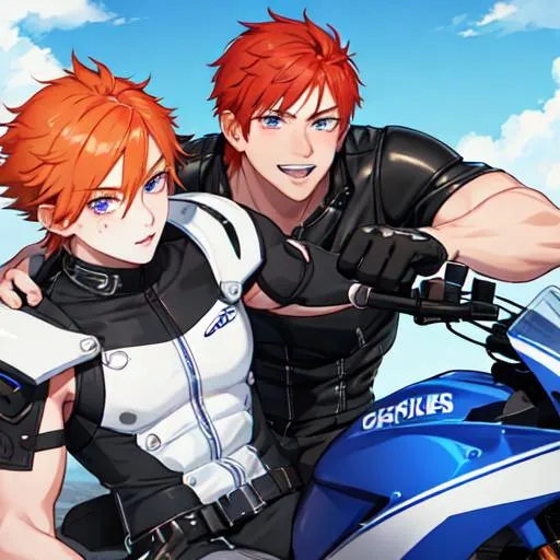 Prompt: Erikku 1male (short ginger hair, freckles, right eye blue left eye purple) muscular, riding a motorcycle