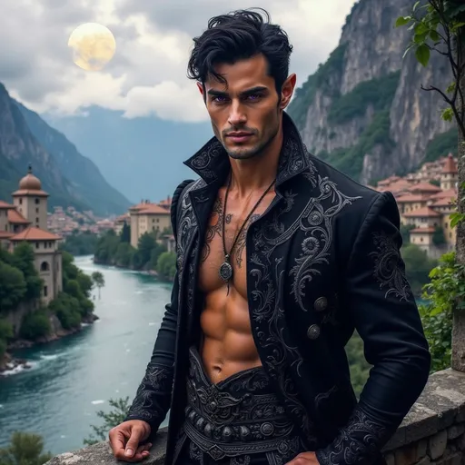 Prompt:  @E9F5IeylWCK78nhhDgNv a male elf with pointed ears and purple eyes, is standing on a terrace overlooking a riverside town. there are mountains behind him and a full moon. he is looking at the viewer and smiling enticingly.