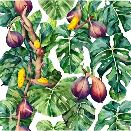 Prompt: Plump figs and mangoes dangling over the tropical jungle foliage, with monkeys and birds in watercolor