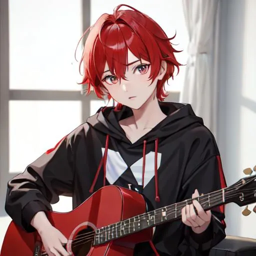 Prompt: Zerif 1boy (Red side-swept hair covering his right eye) as a child learning how to playing a guitar UHD, 8K, highly detailed,