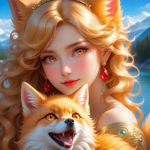 Prompt: Vulpix with {shiny gold fur} and {ruby red eyes}, young she-fox, feral fox, gorgeous anime portrait, hyper realistic 3D, beautiful 8k eyes, elegant {gold fur}, fire element, flame, fine oil painting, modest, gazing at viewer, low angle view, aspen leaves, zoomed out view of character, bright gleaming eyes, wears a bracelet, 64k, hyper detailed, expressive, timid, bashful rosy cheeks, graceful, beautiful, expansive silky mane, golden ratio, precise, perfect proportions, vibrant, tanning by a sun-bathed river, hyper detailed, complementary colors, UHD, HDR, top quality artwork, beautiful detailed background, unreal 5, artstaion, deviantart, instagram, professional, masterpiece