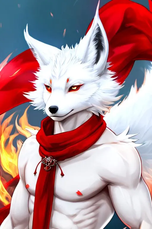 Prompt: 4k award winning digital art of a male white horned kitsune monk, anthropomorphic fox, red scarf, necklace, fire, red eyes, small horns, bare chest