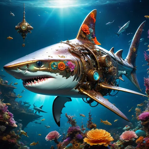 Prompt: Intricate illuminated sparkling metal steampunk shark swims in space, breathtaking borderland fantasycore artwork by Android Jones, Jean Baptiste monge, Alberto Seveso, Erin Hanson, Jeremy Mann. maximalist highly detailed and intricate professional_photography, a masterpiece, 8k resolution concept art, Artstation, triadic colors, Unreal Engine 5, cgsociety