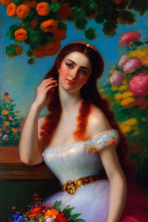 Prompt: Portrait of a woman in the style of  Leonid Afromov. brightly colored with lots of flowers in the background
