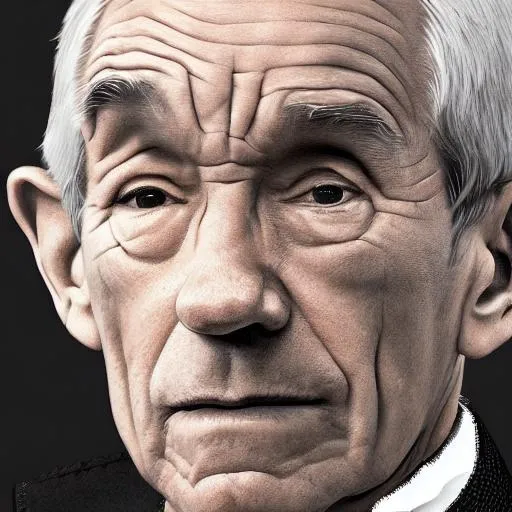 Prompt: Portrait of Ron Paul, perfect composition, hyperrealistic, super detailed, 8k, high quality, trending art, trending on artstation, sharp focus, studio photo, intricate details, highly detailed, by Franz Kafka