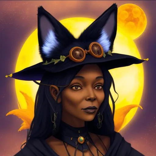 Prompt: black grandpa witch with fox ears solarpunk 
