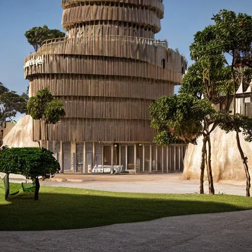 Prompt: Modern Cultural wonder inspired by Congolese architecture with precolonial congolese art inspiration and Congolese minerals, volumetric natural light, ultra realistic, vray,  hd
