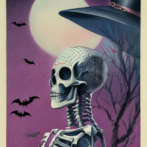 Prompt: hyper realistic, smooth texture. highly detailed image, Halloween colored pencil, vintage retro, graphic design, 1950s look, spider, skeleton, goblin, bat, witch, hyper realistic, smooth texture. highly detailed image