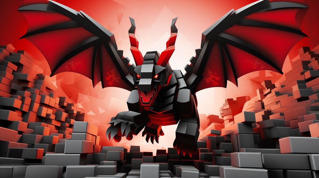 Prompt: vector red and black flying blocks transform into a dragon