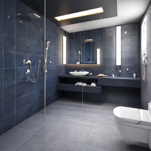 Prompt: (Photo realistic bathroom) (modern theme) (large walk in stand up shower) (tiles) (cold colors, dark greys, cold blues) (ambient lighting, blue glow) (large size room)
(slate bathroom vanity) (futuristic) (cozy but cold) (water splashed) (hallway) (long walk in shower) (dark)