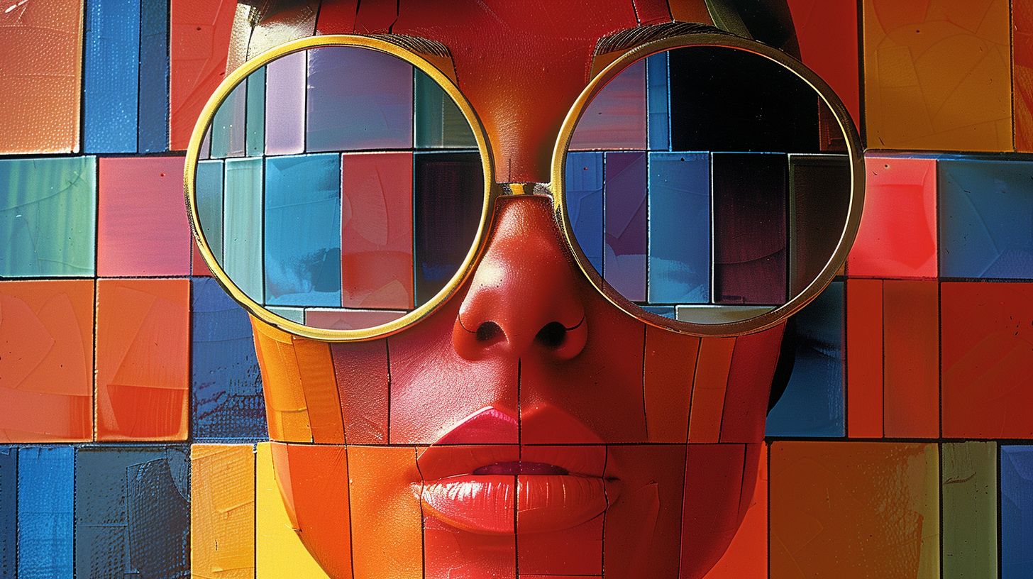 Prompt: Create an image of a stylized character head with oversized sunglasses, featuring a glossy, reflective surface. The character has a neutral expression with a straight mouth line and no visible nose. The background is a mosaic of brightly colored squares, giving the impression of a pixelated rainbow. The character should have a digital, polished look with clear, sharp lines and a modern aesthetic. The head is detailed with subtle textures to give a three-dimensional appearance, and the sunglasses reflect a hint of light to enhance the glossy effect. --ar 16:9 --style raw --sref https://s.mj.run/Lapxu9fZpC8 --stylize 250