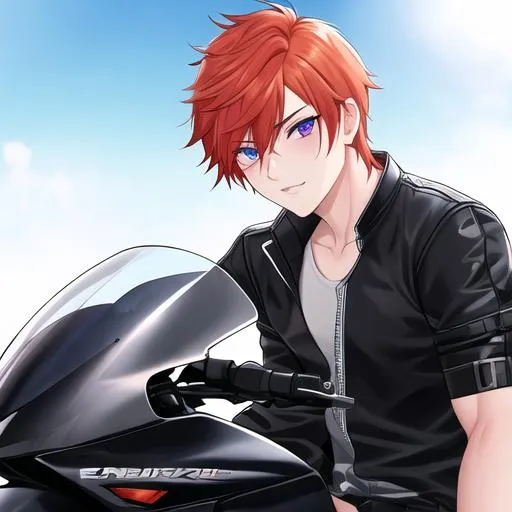 Prompt: Erikku male (short ginger hair, freckles, right eye blue left eye purple) UHD, 8K, Highly detailed, insane detail, best quality, high quality, Upset, muscular, riding a motorcycle