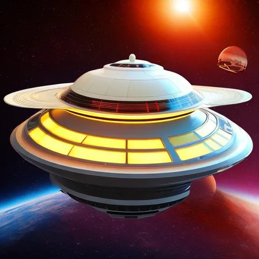 Prompt: retro-futuristic, luxury spacecraft, flying saucer, UFO, very detailed, realistic, 