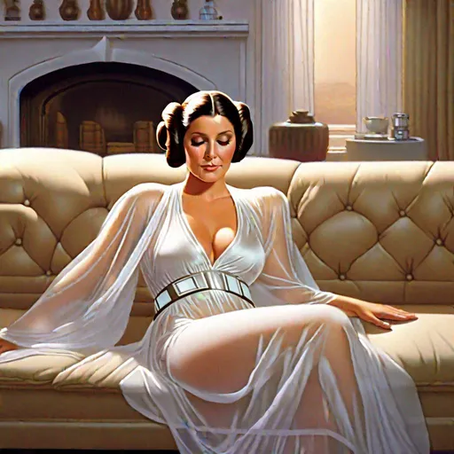 Prompt: Princess Leia fall asleep on the couch laying down wearing slightly revealing see through nightgown in the living room 