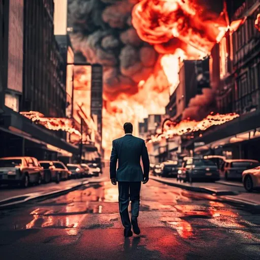 Prompt: a man in a suit walking through a city on fire