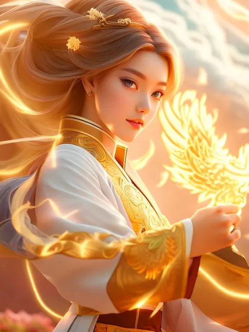 Prompt:  a gorgeous girl with straight maroon hair and pastel blue eyes, an oval face, and light skin, graceful, gentle, balanced facial features, dressing in a blue hanfu with a phoenix flame in her hand, with a phoenix in the background, full-body in a drawing style