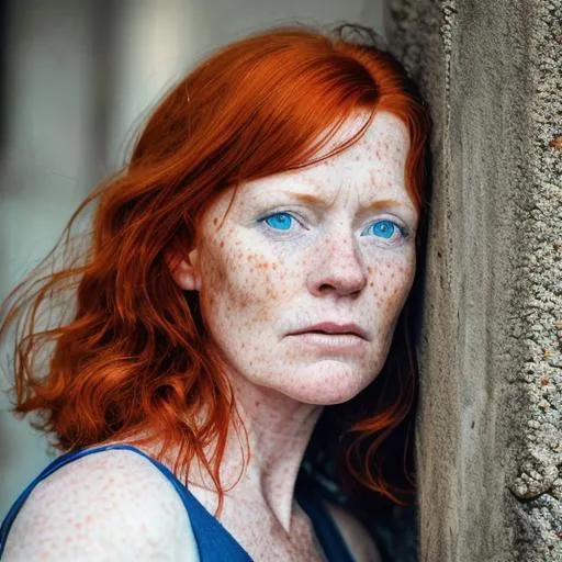Prompt: detailed portait of a 40 year old irish red head female with blue eyes and freckles, photograph, focus, hyper realistic photograph, cinematic 4k epic detailed photograph shot on kodak detailed cinematic 