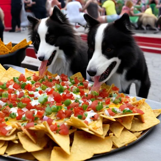 Prompt: dancing dogs eating nachos