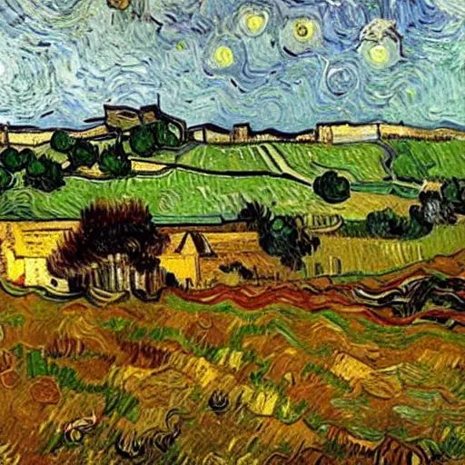 Prompt: the white horse, realistic, farm in the background van gogh style