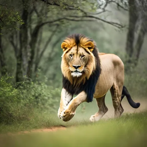 Prompt: Lion running for hunting before deer, cinematic photography, natural light, lush green forest, professional photography, strong lion, deer running,