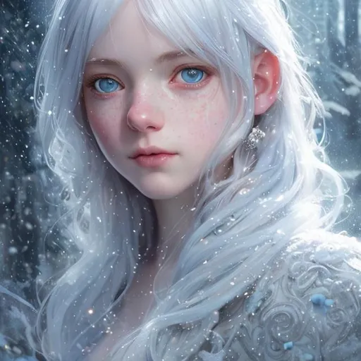 Prompt: full portrait of a scottish princess 15th century white hair and slate blue eyes smooth soft skin, small shallow eyes, beautiful intricate colored hair, symmetrical, snowing, soft lighting, detailed , by makoto shinkai, stanley artgerm lau, wlop, rossdraws, concept art, digital painting, looking into camera