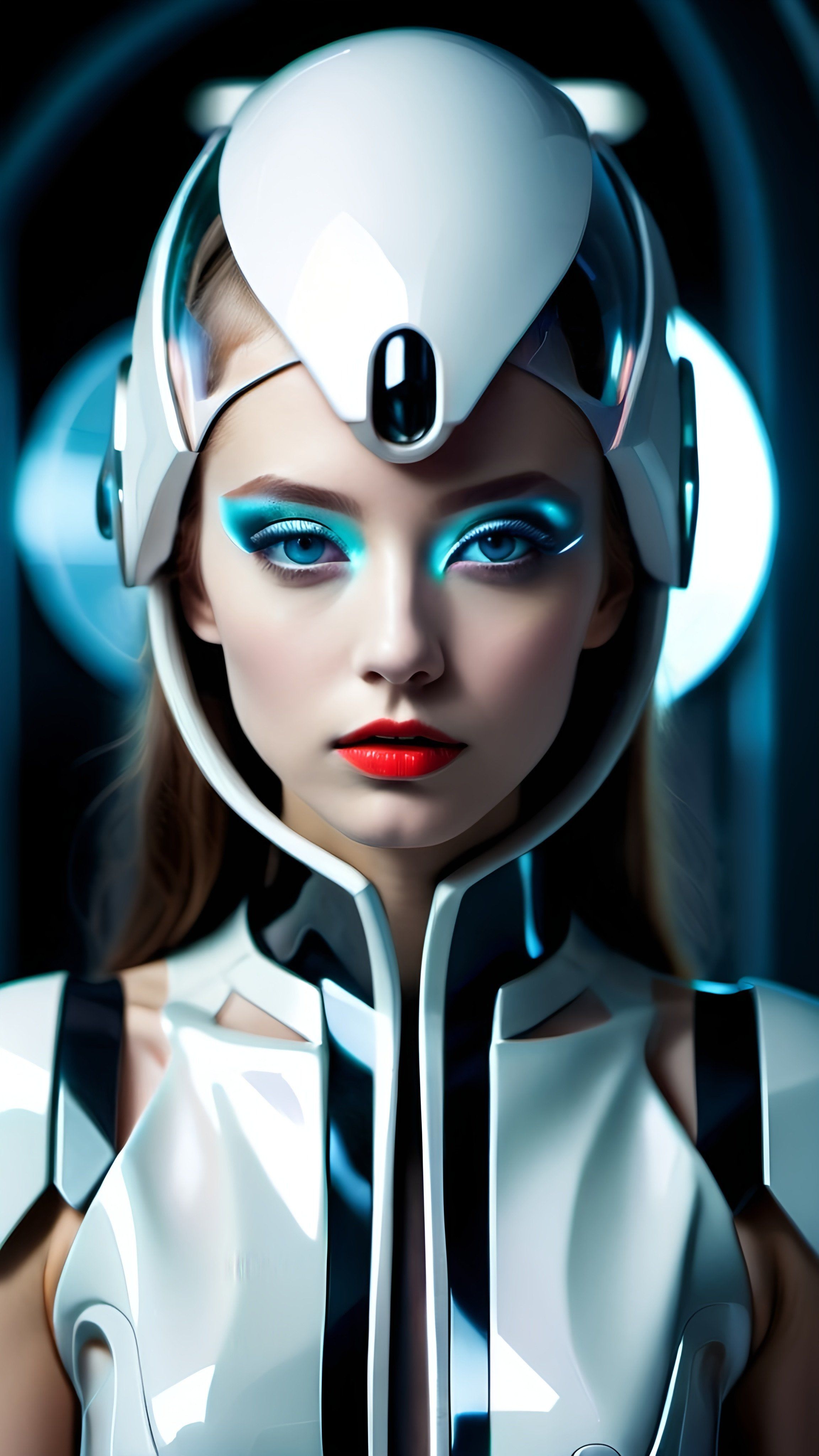 Prompt: a woman with a futuristic helmet and headphones on her head and a futuristic suit on her body and head, cyberpunk style, cyberpunk art