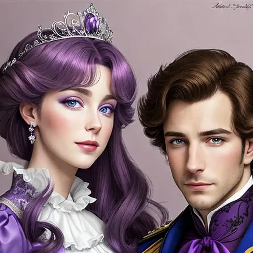 Prompt: European prince and princess wearing purple, facial closeup
