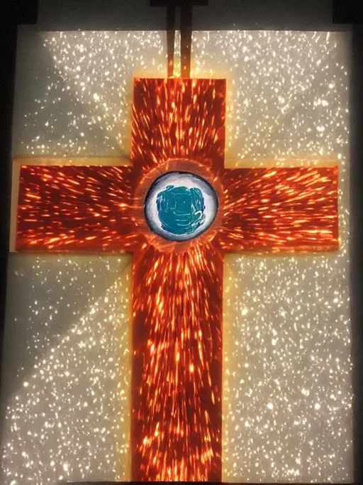 Prompt: Cross made of dawn ray lights. White light surrounding the cross. A perfect human eye in the middle of the cross with the planet earth instead of the blue iris.