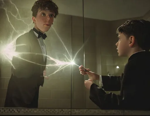 Prompt: 13 year old boy in a tuxedo casting a crazy magic spell from the outside of a bathroom stall with his magic wand, but the spell he cast happens on the inside of the bathroom stall because he cast the spell on the person inside who is warring a T shirt 