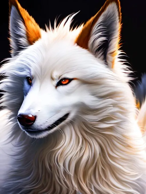 Prompt: 8k, 3D, UHD, masterpiece, oil painting, best quality, artstation, hyper realistic, perfect composition, zoomed out view of character, Portrait of a (beautiful Ninetales), {canine quadruped}, deep sinister crimson eyes, ageless, lives a thousand years, thick glistening gold-white fur, small pointy white ears, wearing a beautiful (silky scarlet and gold scarf), thick white mane with fluffy golden crest, golden fur lighlights, studio lighting, animated, sharp focus, intricately detailed fur, sharp detailed eyes, beautifully detailed face, beautifully detailed background, ambient golden light, nine beautiful tails with pale orange tips, insanely beautiful, symmetric, sharp focus, professional, unreal engine, high octane render, highly detailed mouth, highly detailed pastel pink clouds, Yuino Chiri