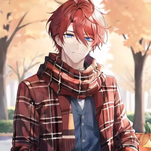 Prompt: Zerif 1male (Red side-swept hair covering his right eye, blue eyes), highly detailed face, wearing a cozy flannel shirt and a pair of stylish jeans. In the park, fall.  wearing a scarf, looking up at the sky, in a pumpkin patch, adult. Handsome,  detailed, UHD, HD, 4K, highly detailed, red haze, masculine, anime style