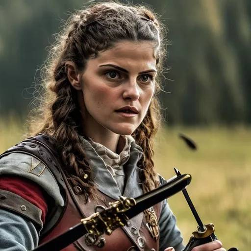 Prompt: Alessandra Daddario as female medieval soldier duelist, beautiful young
