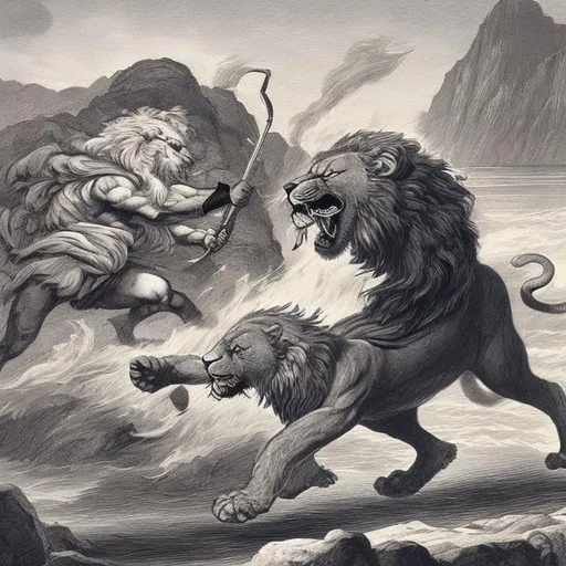 Prompt: Me fighting Sisyphus in lion form along the nile river in 105 A.D.