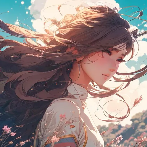 Prompt: anime archer girl, standing alone on hill, centered, detailed gorgeous face, anime style, key visual, intricate detail, highly detailed, breathtaking, vibrant, panoramic, cinematic, Carne Griffiths, Conrad Roset, ghibli, action pose, portrait, close up