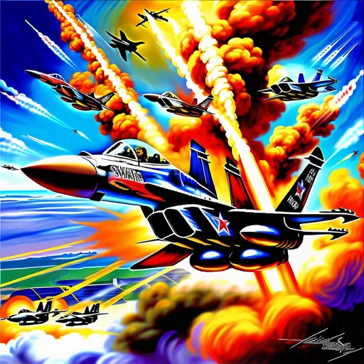 Prompt: Subject: "Highway to the Danger Zone"
Descriptions: Fighter planes soaring, sleek and powerful, leaving trails of exhaust in the sky. Dynamic aerial maneuvers, intense dogfights, adrenaline-filled action.
Environment: Vast open sky, clouds swirling, sun setting in a fiery explosion of colors.
Mood/Feelings: Thrill, danger, excitement, urgency, patriotism.
Artistic Medium/Techniques: Digital illustration, bold color palette, strong contrasts, meticulous attention to detail.
Artists/Illustrators/Art Movements: Tom Cruise, Top Gun movie poster, 80s retro aesthetic, vaporwave, propaganda art.
Camera Settings: High-resolution digital camera, vibrant saturation, wide-angle lens.