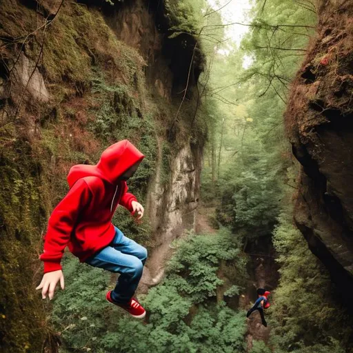 Prompt: 
A boy whose wearing a red hoodie falling into a ravine
