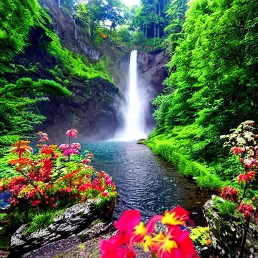 Prompt: beautiful, huge waterfall, trees, mountains, leaves, flower trees, flowers