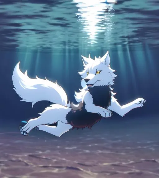 Prompt: Furry wolf fursona full body swimming underwater